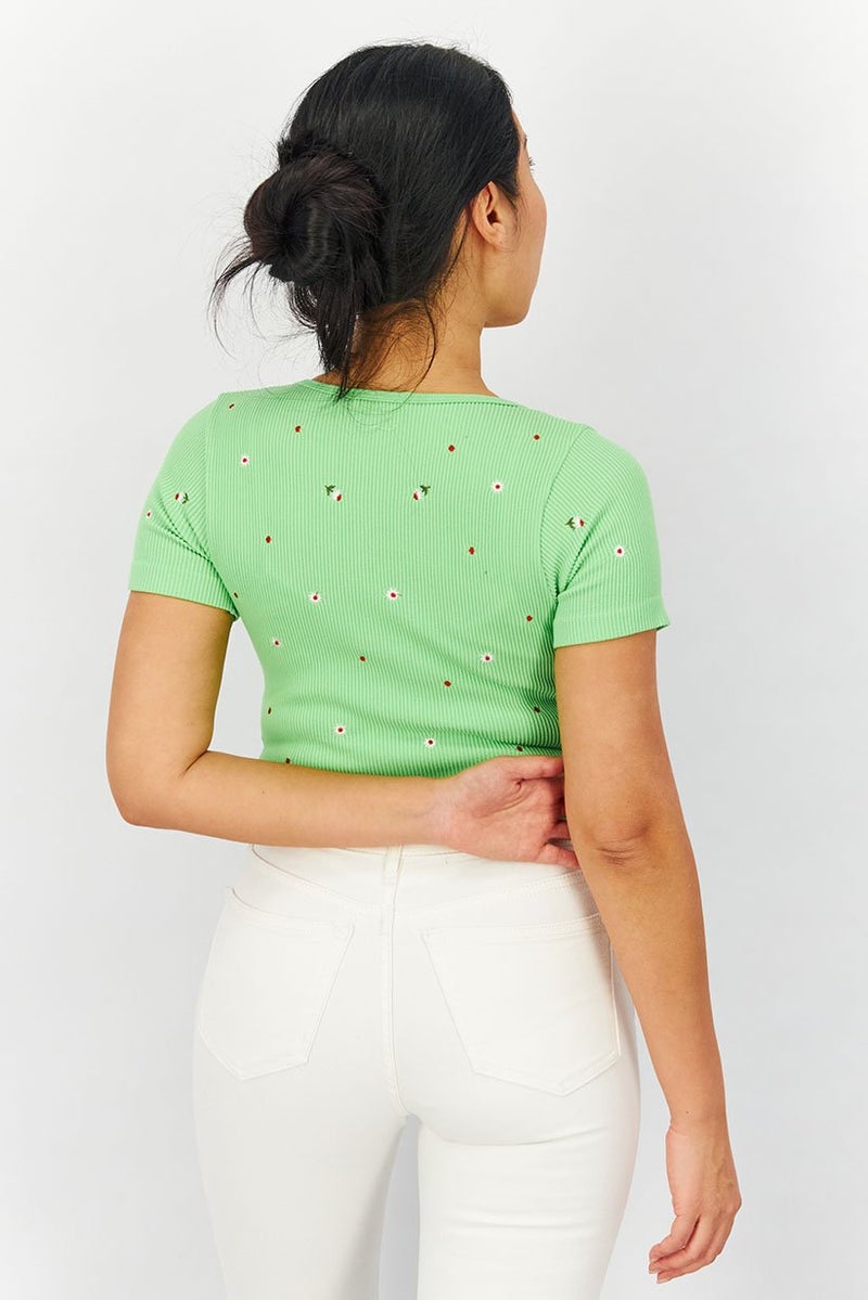 XOXO Women Plunging Neck Short Sleeve Ribbed Crop Top, Green - Image 2